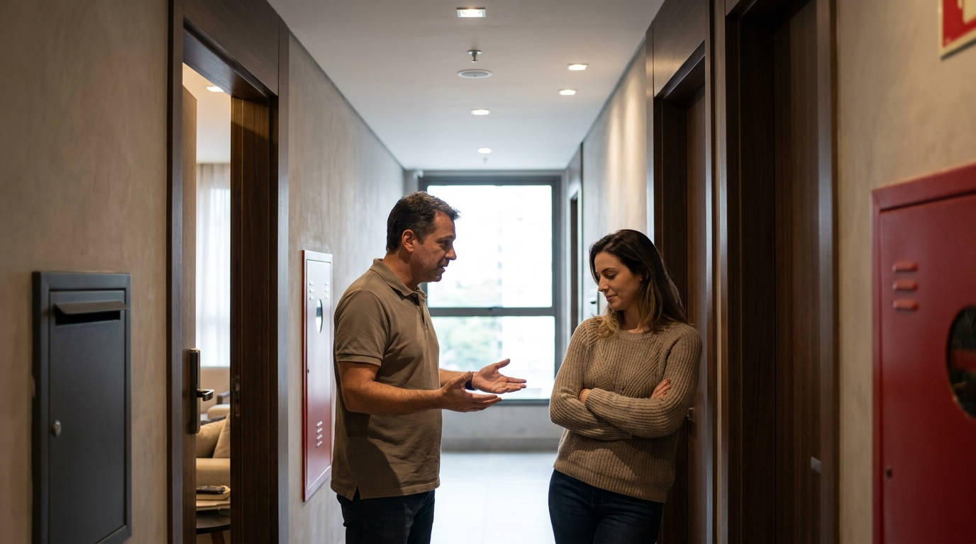 Dois moradores conversando sobre uma divergência no corredor do condomínio