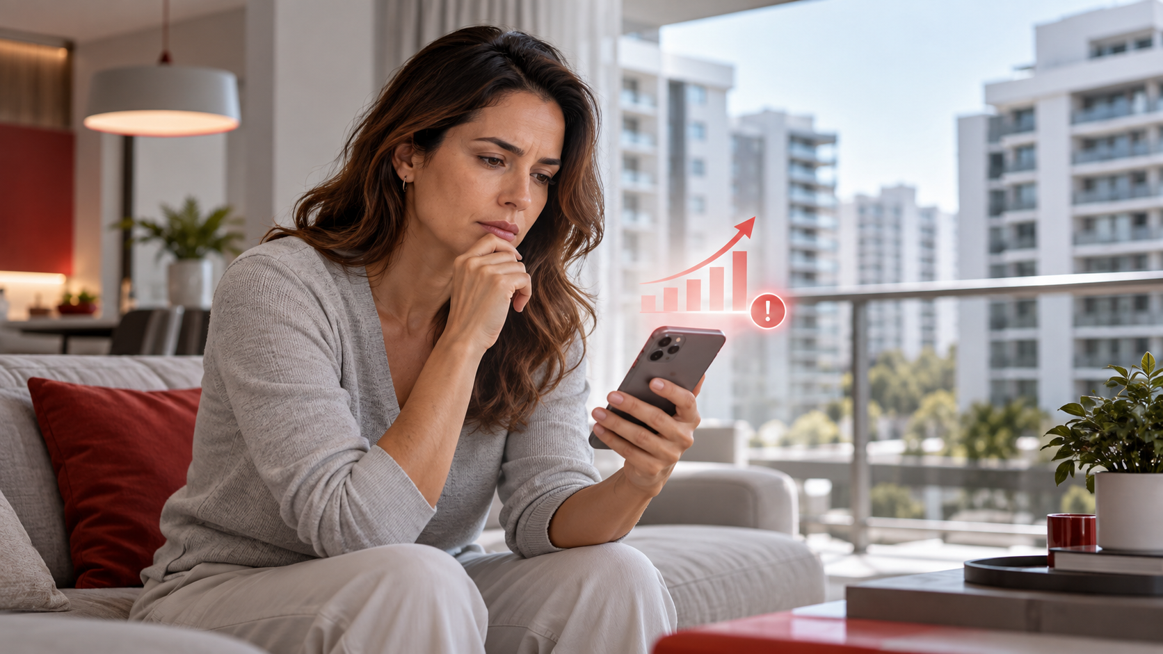 Moradora analisa aumento de despesas condominiais pelo celular