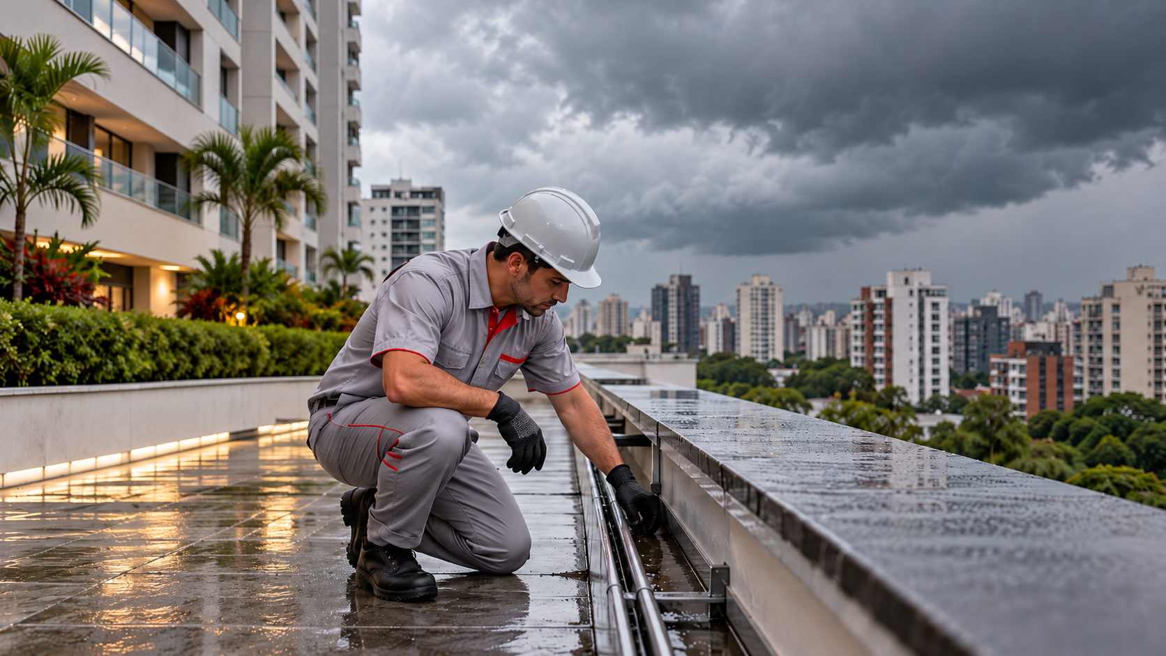 Profissional inspeciona sistema de drenagem em terraço de condomínio antes da temporada de chuvas